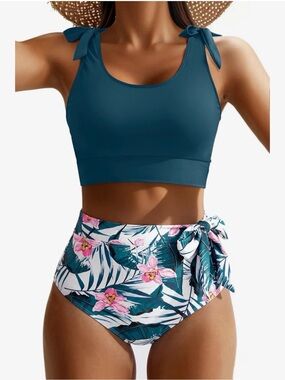 A379 Talisea High-Waist Floral Bikini Set with Teal Tie-Shoulder Top NWT